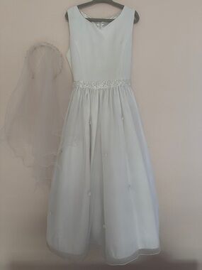 Cinderella White Sleeveless Flower Girl / Communion Dress with Veil